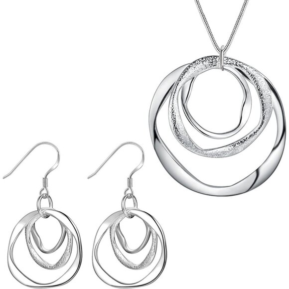 Women's 925 Plated Hypoallergeni 3 Circles Silver Hoop Earring and Necklace Set - Picture 7 of 7
